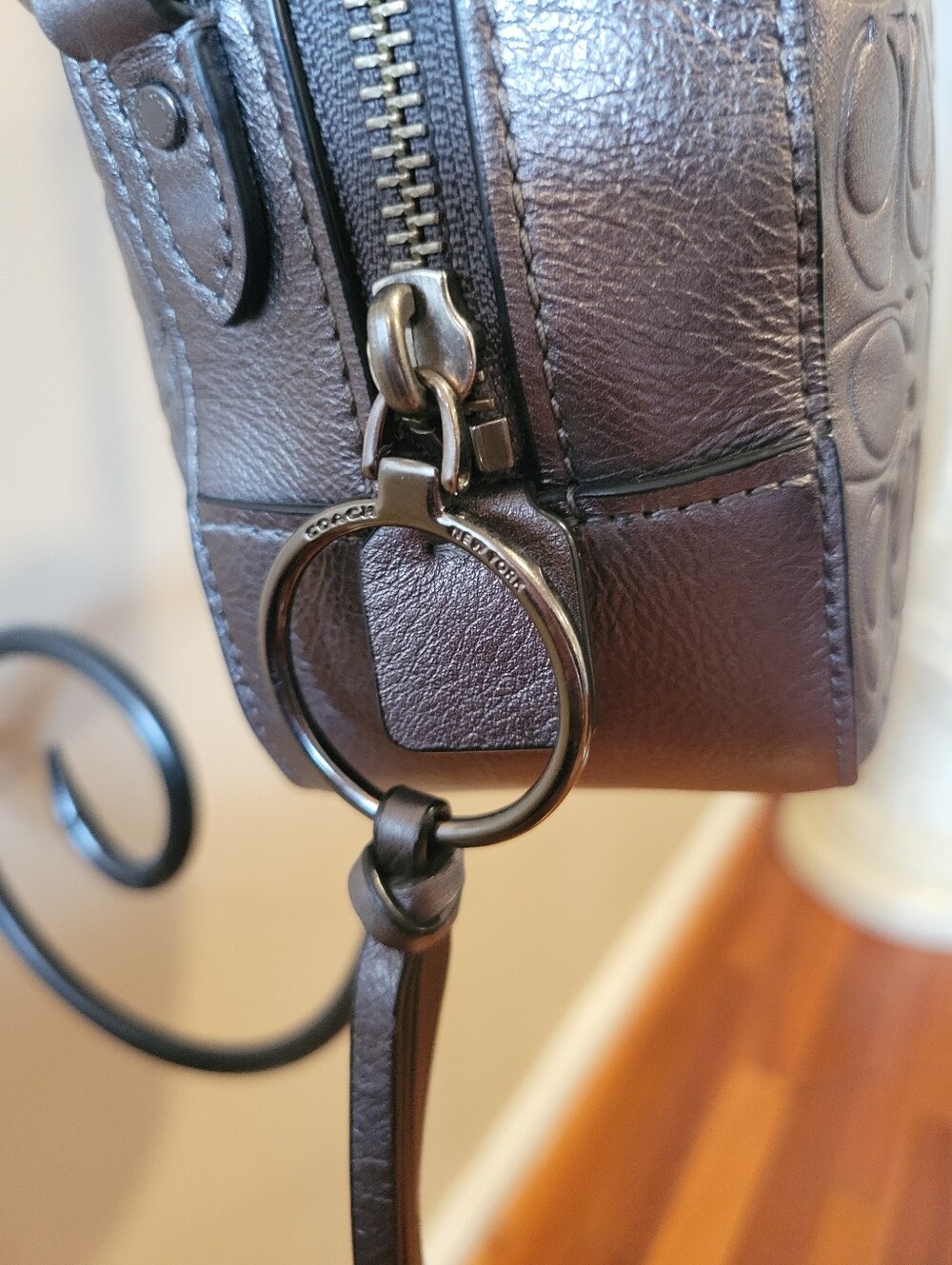 Coach Metallic Gray Embossed Signature Leather Crossbody Bag - Picture 5 of 10